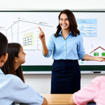 A professional female after-school instructor, dressed in a modest business casual outfit, fully clothed, appropriate attire. She is actively engaging with a diverse group of children and teenagers in a bright, modern learning center. The students are smiling, looking at an interactive digital whiteboard displaying a fun, educational game. The scene conveys a sense of collaborative learning and positive interaction. Perfect anatomy, correct proportions, natural pose, well-formed hands, proper finger count, professional photography, high quality, safe for work, appropriate content, family-friendly.