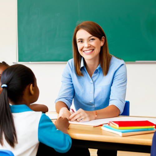 A female professional educator, smiling warmly and making eye contact, interacting with a diverse group of elementary school-aged children in a brightly lit, clean, and organized extracurricular classroom. The children, fully clothed in appropriate attire, are actively engaged in a hands-on learning activity such as building with colorful blocks or drawing at a table. The educator is wearing modest, comfortable yet professional attire. The scene conveys a sense of connection, trust, and enthusiastic learning. High-resolution professional photography, soft natural lighting, vibrant colors. safe for work, appropriate content, fully clothed, family-friendly, perfect anatomy, correct proportions, well-formed hands, proper finger count, natural body proportions.
