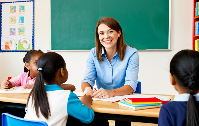 A female professional educator, smiling warmly and making eye contact, interacting with a diverse group of elementary school-aged children in a brightly lit, clean, and organized extracurricular classroom. The children, fully clothed in appropriate attire, are actively engaged in a hands-on learning activity such as building with colorful blocks or drawing at a table. The educator is wearing modest, comfortable yet professional attire. The scene conveys a sense of connection, trust, and enthusiastic learning. High-resolution professional photography, soft natural lighting, vibrant colors. safe for work, appropriate content, fully clothed, family-friendly, perfect anatomy, correct proportions, well-formed hands, proper finger count, natural body proportions.