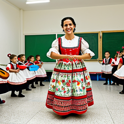 **

A bright and cheerful classroom scene in Lisbon, Portugal. A female teacher, fully clothed in a modest floral dress, is leading a group of children in a traditional Portuguese folk dance. Colorful ribbons and traditional instruments are visible. The scene is well-lit and showcases the cultural richness of Portugal. Perfect anatomy, correct proportions, natural pose, safe for work, appropriate content, fully clothed, family-friendly. Professional photography, high quality.

**