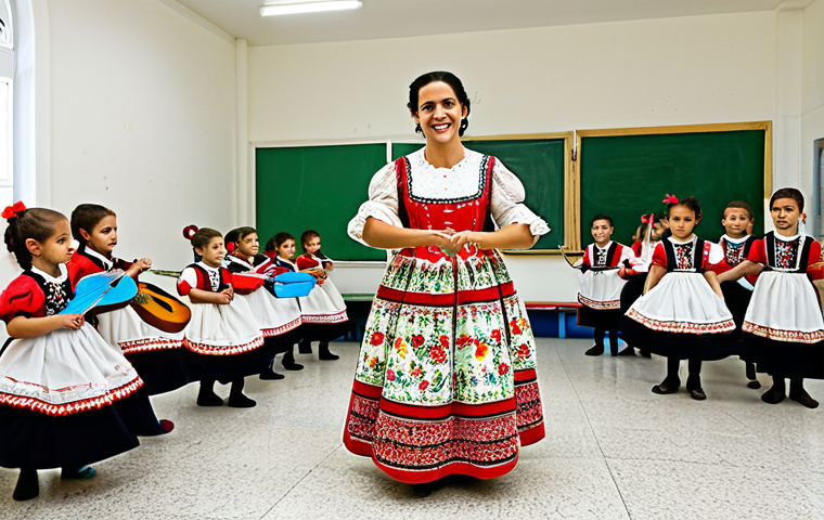 **

A bright and cheerful classroom scene in Lisbon, Portugal. A female teacher, fully clothed in a modest floral dress, is leading a group of children in a traditional Portuguese folk dance. Colorful ribbons and traditional instruments are visible. The scene is well-lit and showcases the cultural richness of Portugal. Perfect anatomy, correct proportions, natural pose, safe for work, appropriate content, fully clothed, family-friendly. Professional photography, high quality.

**