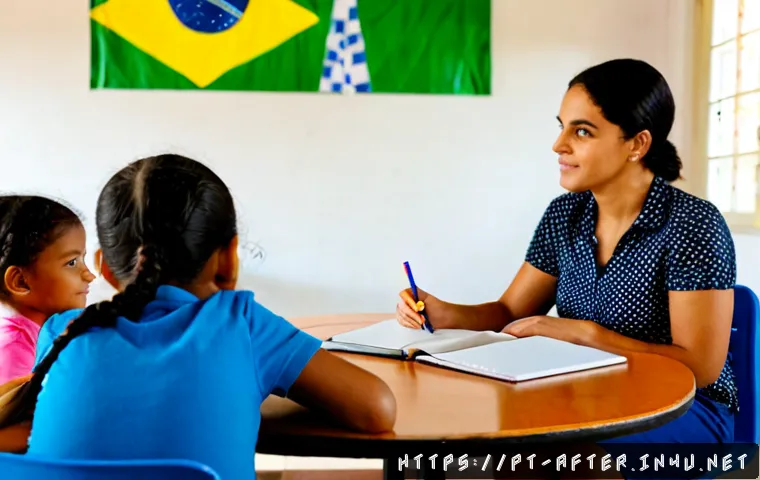 방과후지도사로서의 학부모 상담 팁 - Photorealistic after-school educator holding a warm parent consultation in a bright Brazilian elemen...