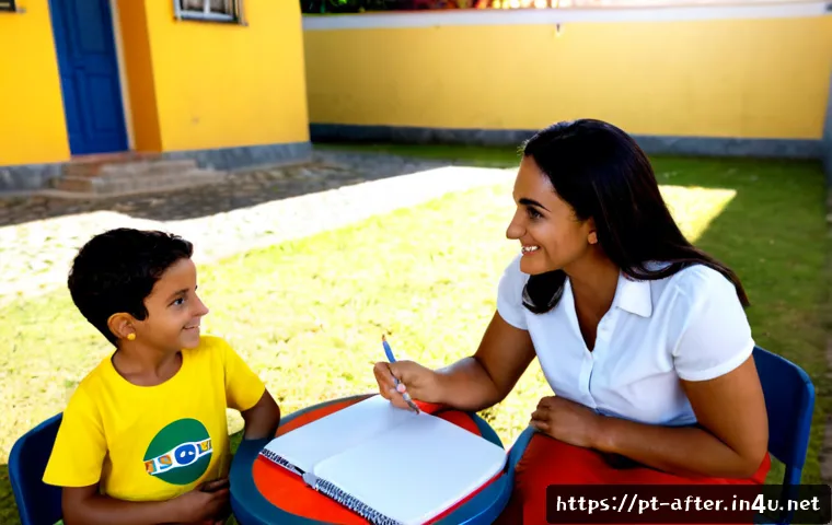 방과후지도사와 학부모 소통 방법 - Photorealistic Brazilian after-school educator warmly meeting with a mother and father in a bright e...
